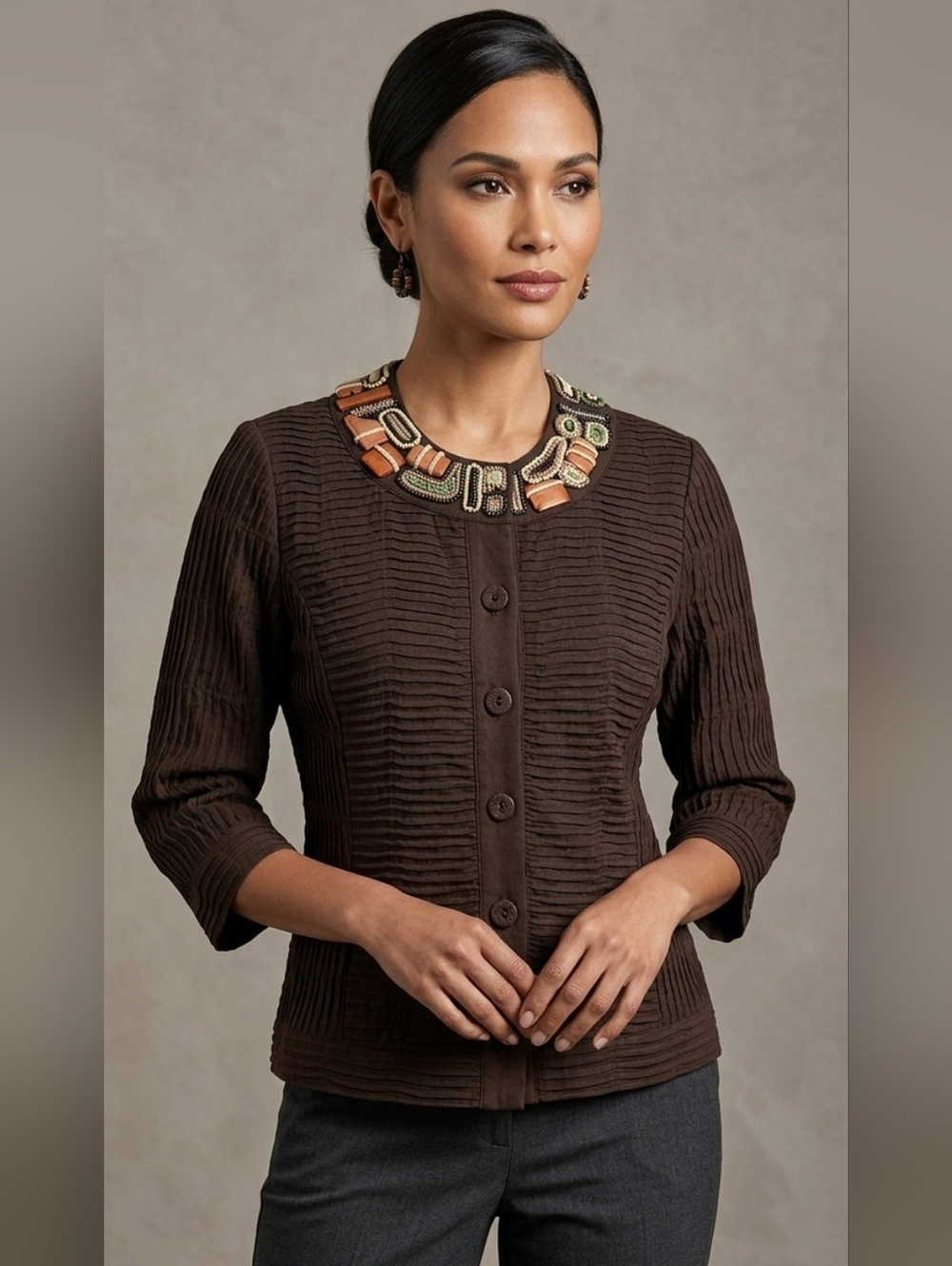 Chico's Brown Plisse Textured Blazer Jacket Aztec Beaded Chunky Collar Boho